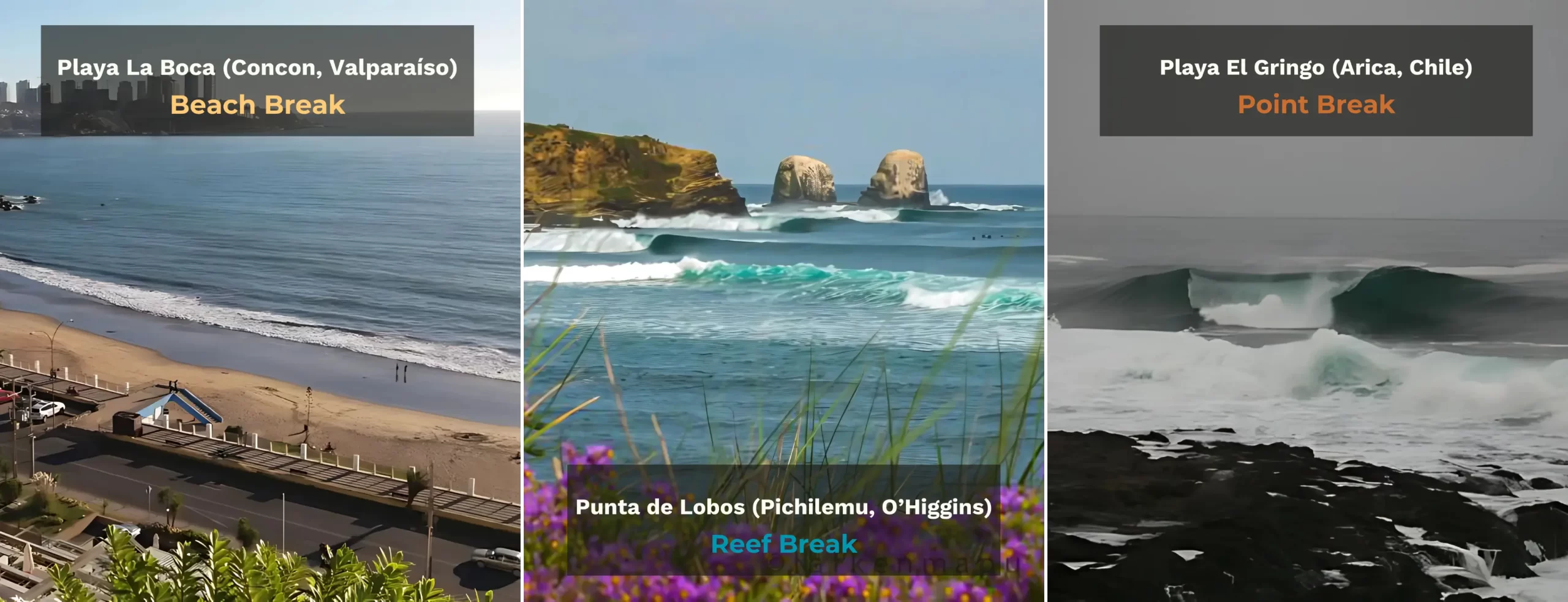 tabla comparativa de tipos de ola entre beach break, reef break y point break.