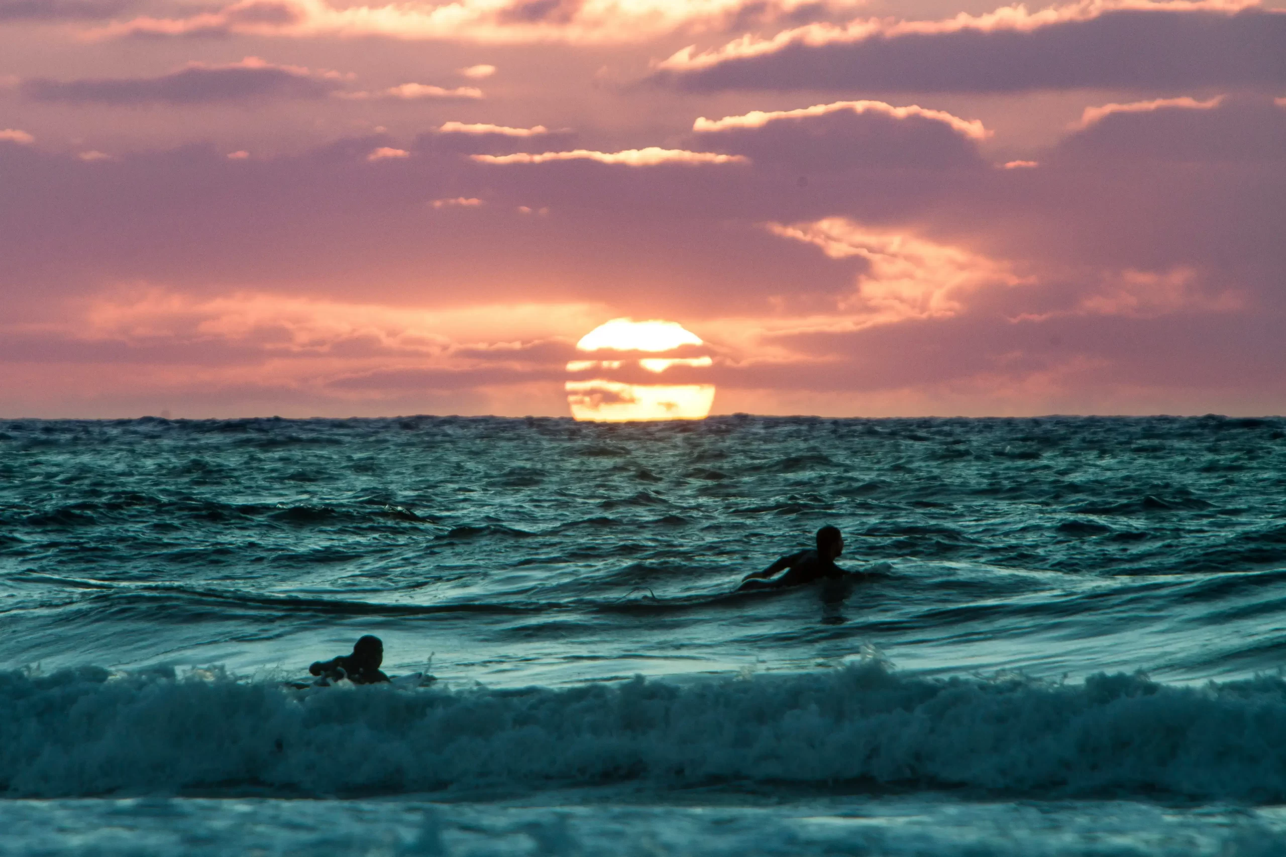 duo de personas nadando hacia el mar en sus tablas de surf en el atardecer